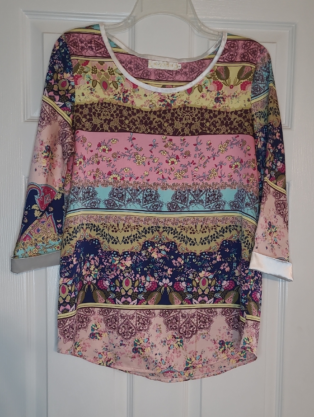 Satin Floral Stripe Boatneck Top - Pink/Multi